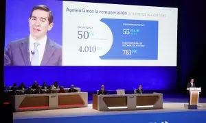 El presidente del BBVA, Carlos Torres, durante su intervención en la junta general ordinaria del banco, en Bilbao. E.P./H.Bilbao