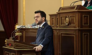 El presidente de la Generalitat de Catalunya, Pere Aragonès, interviene tras la Comisión General de las Comunidades Autónomas, en el Senado, a 19 de octubre de 2023, en Madrid