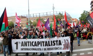 01/05/2024 - Capçalera de la manifestació de la Taula Sindical de Catalunya per aquest 1 de maig, que s'ha fet al barri de Sant Andreu de Barcelona.