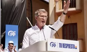 El presidente del Partido Popular, Alberto Núñez Feijóo, durante el acto del PP de cara a las elecciones europeas del 9 de junio, a 19 de mayo de 2024 en Málaga (Andalucía, España).