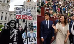 Montaje a partir de una imagen de Sergio Pérez (EFE) y otra de Borja Sánchez (EFE) donde se ilustra una manifestación por la sanidad pública en Madrid y a la presidenta Isabel Díaz Ayuso