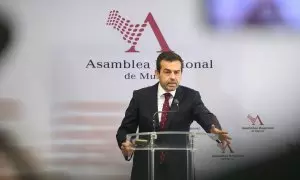 El portavoz de Vox en la Asamblea Regional de Murcia,   Rubén Martínez Alpañez, durante una rueda de prensa en Cartagena, a 6 de julio de 2023.
