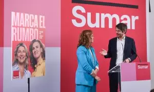 El portavoz de Sumar, Ernest Urtasun, y la candidata a las europeas Estrella Galán durante un acto en Madrid.
