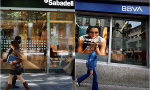 Sendas sucursales de Banco Sabadell y BBVA en Bilbao.
