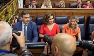 El presidente del Gobierno, Pedro Sánchez; la vicepresidenta primera, María Jesús Montero y la vicepresidenta segunda, Yolanda Díaz.