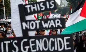 Manifestación contra el genocidio de Israel en Gaza en la ciudad de Jakarta.