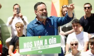 El líder de Vox, Santiago Abascal, interviene durante un acto de campaña en Murcia.