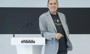 El coordinador general de Eh Bildu, Arnaldo Otegi, recibe a Público en la sede del partido abertzale en Donostia.