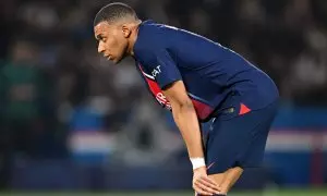 Kylian Mbappé del PSG reacciona durante la semifinal de la Liga de Campeones de la UEFA entre el Paris Saint-Germain (PSG) y el Borussia Dortmund, 07 de mayo de 2024, Francia, París.