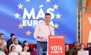 El secretario general del PSOE y presidente del Gobierno, Pedro Sánchez, en un acto de campaña en Gijón.