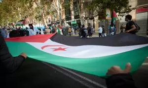 Varias personas sujetan una bandera durante una manifestación en apoyo al Sahara Occidental, desde Atocha a la plaza de Jacinto Benavente, a 11 de noviembre de 2023
