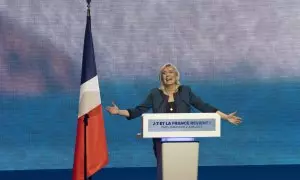 La líder de la ultraderecha francesa, Marine Le Pen, durante un acto de RN.