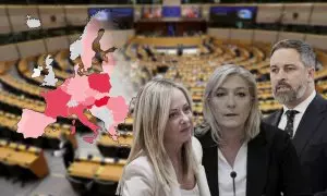 11/06/2024 Los líderes de extrema derecha Giorgia Meloni, Marine Le Pen y Santiago Abascal sobre una imagen del pleno del Parlamento Europeo.