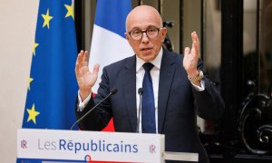 El diputado francés y presidente de Los Republicanos, Éric Ciotti, durante una conferencia de prensa en junio de 2024.