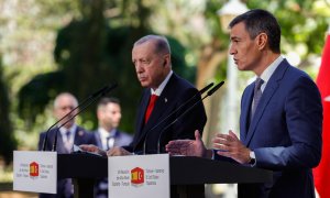 Pedro Sánchez, junto al presidente de Turquía Tayyip Erdogan, este jueves en Moncloa.