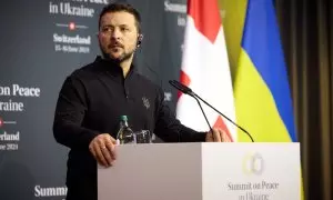 15 de junio de 2024.El presidente Zelenski en una conferencia durante la cumbre de paz, celebrada este 15 de junio.