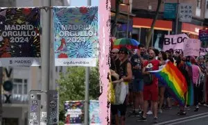 Montaje de dos imágenes, los carteles del MADO a la izquierda, y la manifestación del Orgullo Crítico de 2023 a la derecha.