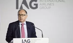 El consejero delegado de IAG, Luis Gallego, durante su intervención en la junta de accionistas del 'holding' de aerolíneas, en Madrid. EFE/ Luis Miguel González/IAG