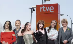 01/07/2024 Distintos colaboradores y presentadores de TVE. De izquierda a derecha: Chanel Terrero, Miguel Bosé, 'las Verdunch', Inés Hernand y Mercedes Milá.