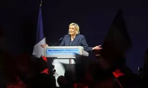 Imagen de archivo de Marine Le Pen, durante un mitin de su partido, Agrupación Nacional