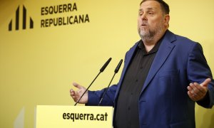 El presidente de ERC, Oriol Junqueras, durante una rueda de prensa en la sede de ERC, en Barcelona