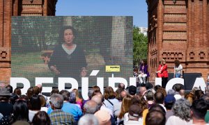 09/07/2024 La secretaria general de ERC, Marta Rovira, a través de la pantalla durante el acto de ERC ‘Festa de la República’, a 13 de abril de 2024, en Barcelona.