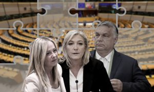 12/10/2024 Los líderes de extrema derecha Giorgia Meloni, Marine Le Pen y Viktor Orbán sobre una imagen del pleno del Parlamento Europeo.