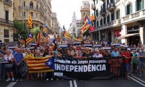 Capçalera de la manifestació convocada per l'ANC aquest dissabte contra la justícia per com està aplicant l'amnistia.