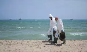 Labores de limpieza en la playa del Saler por el vertido, a 17 de julio de 2024, en València, Comunidad Valenciana (España).