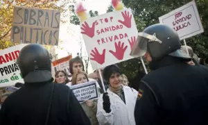 Manifestantes contra la privatización de la sanidad, a las puertas de la Asamblea.