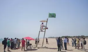 La alcaldesa de Valencia, María José Catalá, pone la bandera verde durante una visita a las playas de El Saler, a 19 de julio de 2024, en Valencia, Comunidad Valenciana (España).