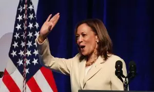 La vicepresidenta Kamala Harris durante un mitin en Indiana.