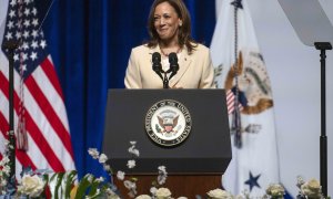 La vicepresidenta Kamala Harris durante un mitin en Indiana.