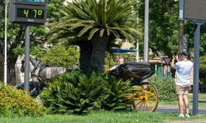 Imágenes de personas al lado de un termómetro en las calles de la capital hispalense a 47 grados de temperatura, a 24 de julio de 2024, en Sevilla, Andalucía (España).