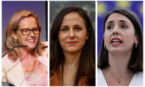 La La vicepresidenta primera y ministra de Asuntos Económicos, Nadia Calviño; la eurodiputada y La secretaria general de Podemos, Ione Belarra; y la exministra de Igualdad y también eurodiputada, Irene Montero.