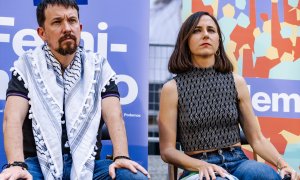 El exlíder de Podemos, Pablo Iglesias y la secretaria general de Podemos, Ione Belarra durante el acto de cierre de campaña de Podemos para los comicios europeos, en la plaza de Pedro Zerolo, a 7 de junio de 2024, en Madrid (España). I