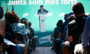 Foto de archivo del expresidente de la Generalitat de Catalunya, Carles Puigdemont, interviene durante de Junts, a 27 de julio de 2024, en Amélie-les-Bains-Palalda, Francia.