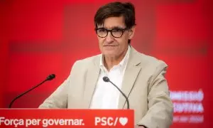 3 de agosto de 2024. Salvador Illa en una reunión extraordinaria de la Comisión Ejecutiva del PSC tras recibir el apoyo de ERC y Comuns para su investidura, a 3 de agosto de 2024.