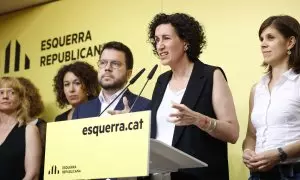 La secretaria general de ERC en funciones, Marta Rovira, durante una rueda de prensa de ERC, en la sede del partido, a 2 de agosto de 2024, en Barcelona, Catalunya (España).