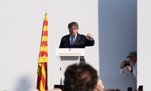 8 de agosto de 2024. Carles Puigdemont en el acto de bienvenida organizado por entidades independentistas en el paseo Lluís Companys, a 8 de agosto de 2024.