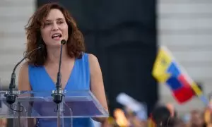 La presidenta de la Comunidad de Madrid, Isabel Díaz Ayuso, en la Puerta del Sol, en Madrid (España).