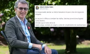 Feijóo suelta una sarta de trolas sobre Sánchez y la migración y le llueven las críticas: "Hoy se ha vuelto a levantar con la pierna extrema derecha"