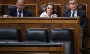 (I-D) El portavoz del PP en el Congreso, Miguel Tellado; la secretaria general del PP, Cuca Gamarra y el presidente del Partido Popular, Alberto Núñez Feijóo, durante una sesión plenaria extraordinaria, en el Congreso de los Diputados. E.P./Fernando Sánch