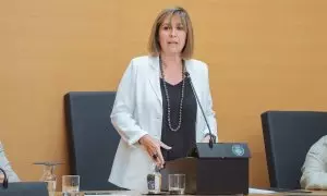 Núria Marín durant el discurs de renúncia al càrrec d'alcaldessa de l'Hospitalet de Llobregat