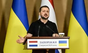 El presidente ucraniano, Volodímir Zelenski, durante una rueda de prensa en Zaporiyia.