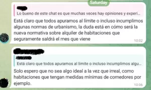 Mensaje del chat "Inversión en alquiler por habitaciones" en Telegram.