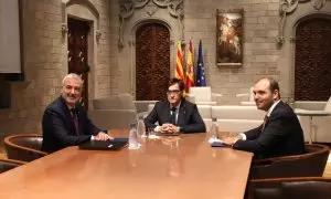 04/09/2024 - La reunió que Salvador Illa i el conseller de la Presidència, Albert Dalmau, han mantingut amb l'alcalde Collboni al Palau de la Generalitat.