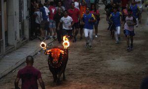 Aficionados persiguen un toro embolado en las calles de València.