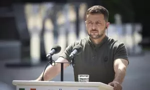 El presidente ucraniano, Volodímir Zelenski, durante una rueda de prensa.