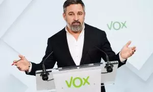 El presidente de Vox, Santiago Abascal, durante una rueda de prensa. Imagen de archivo.